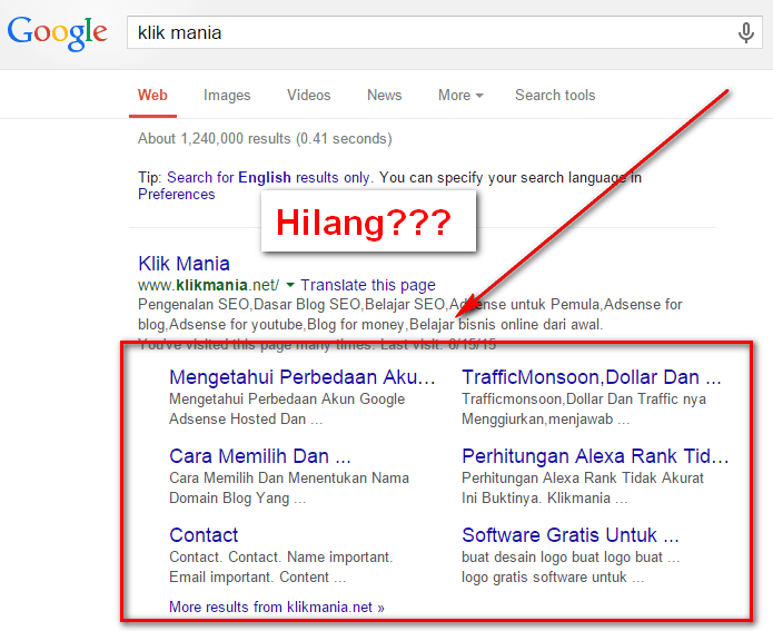 sitelink google hilang