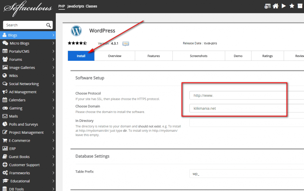 instal wordpress dengan Softaculous
