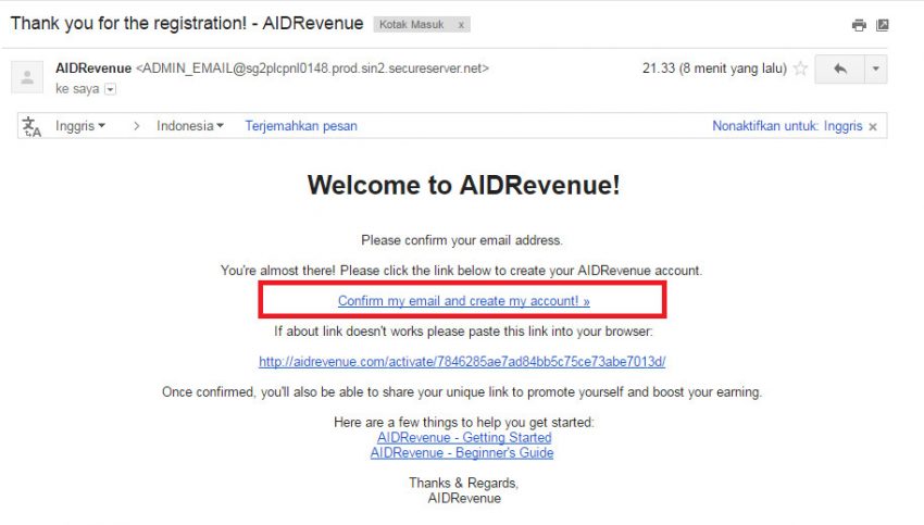 Verifikasi email Aidrevenue