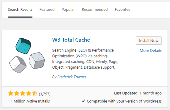 Instal dan aktifkan plugin W3 Total Cache