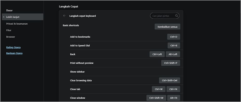 inilah shortcut keyboard opera