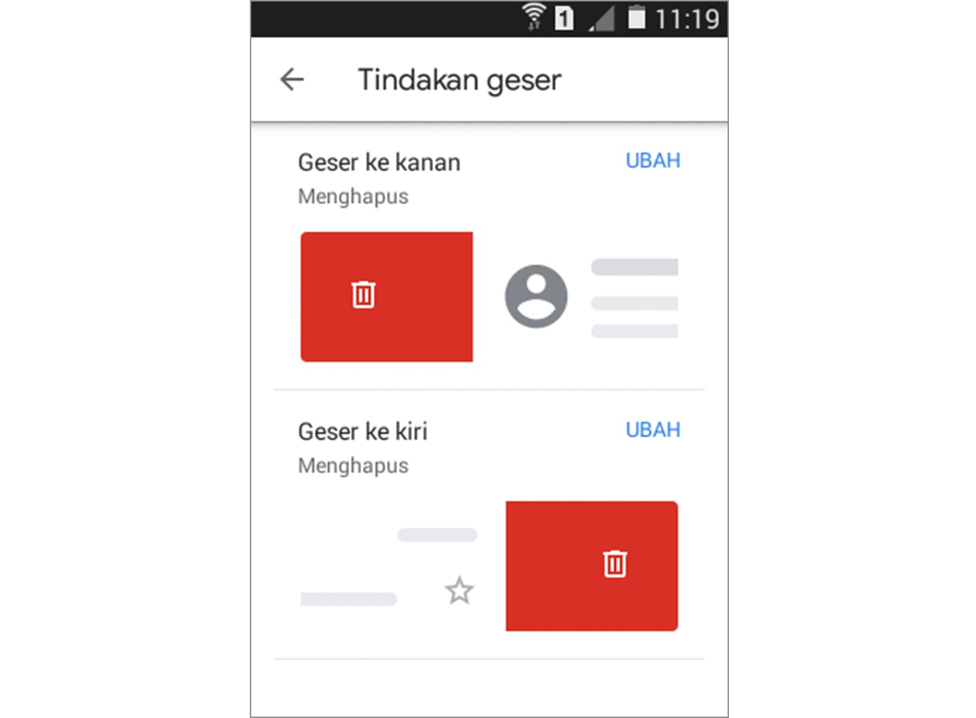 mengubah tindakan geser gmail