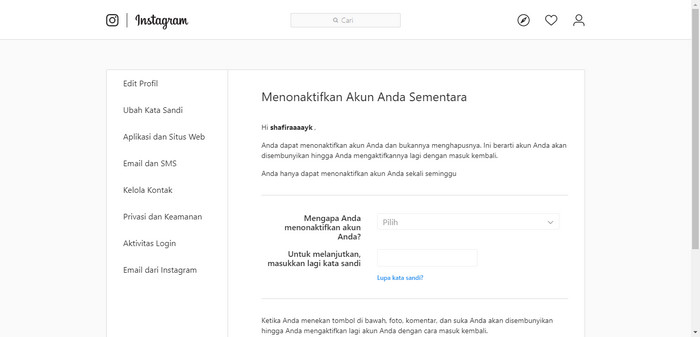 Menghapus Akun Instagram Sementara